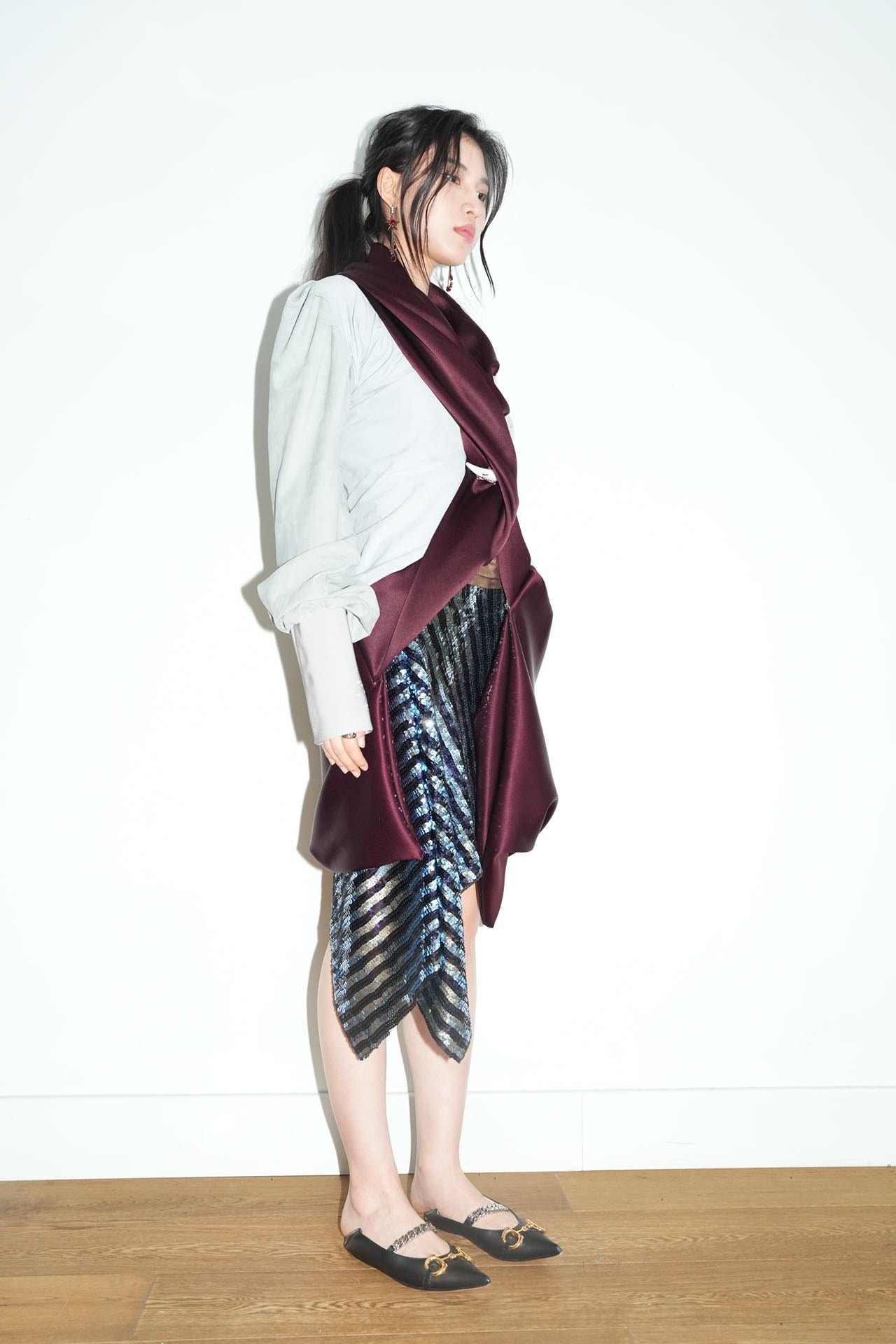 Burgundy Satin & Suede Draped Coat 酒红缎面与麂皮拼接雕褶大衣