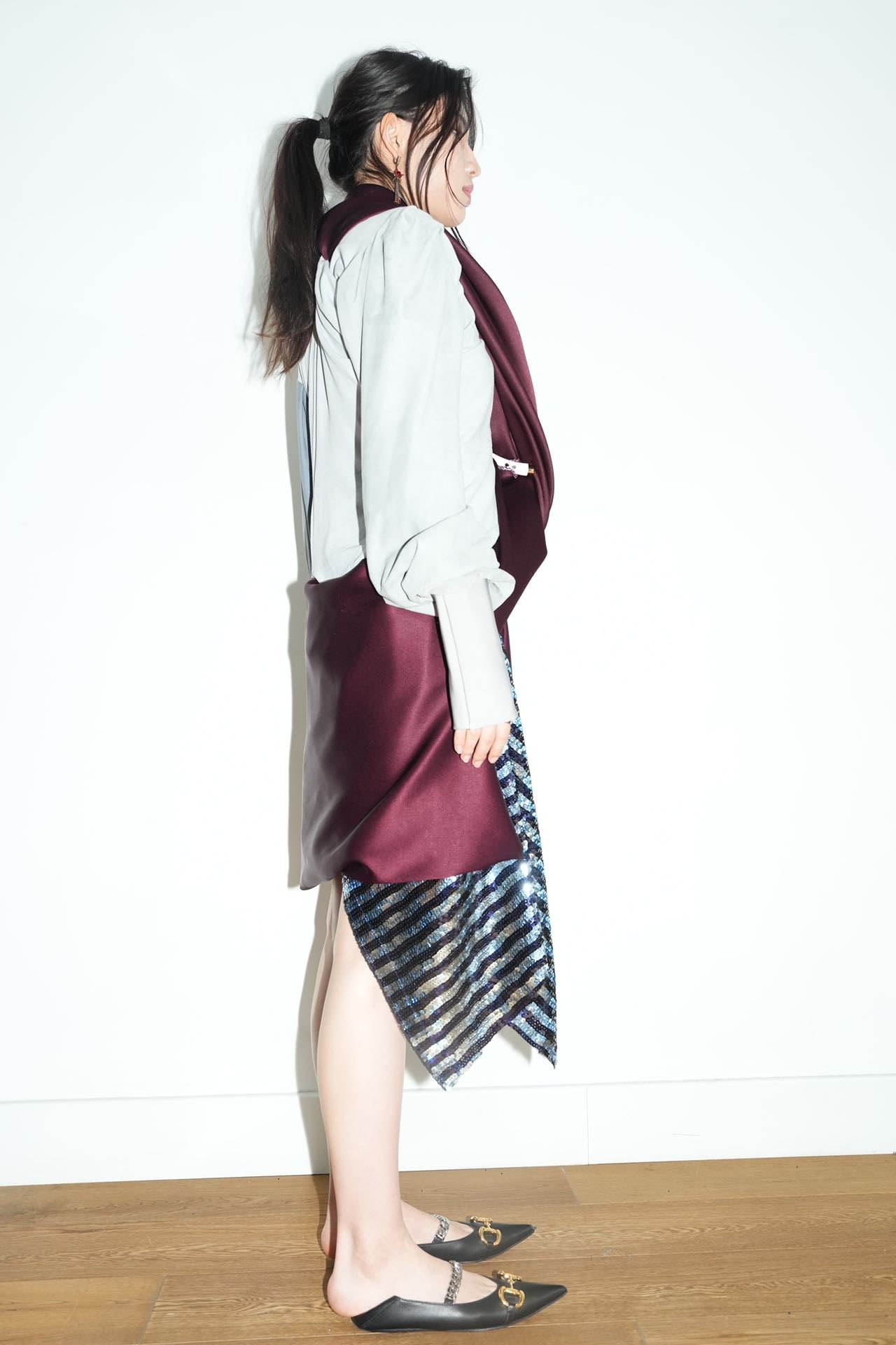 Burgundy Satin & Suede Draped Coat 酒红缎面与麂皮拼接雕褶大衣