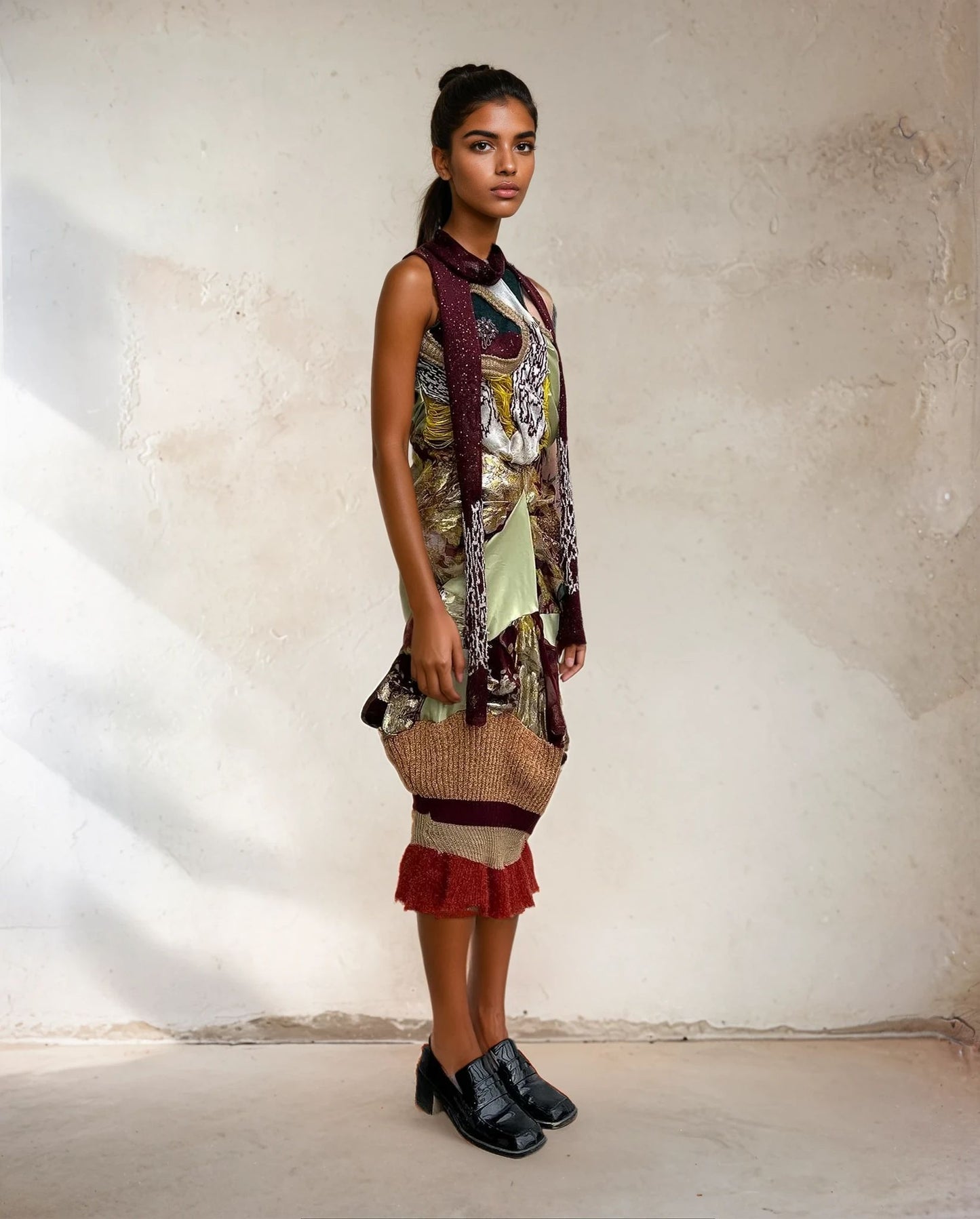 'Last Emperor' - Floral Knitted and silk dress+scarf set