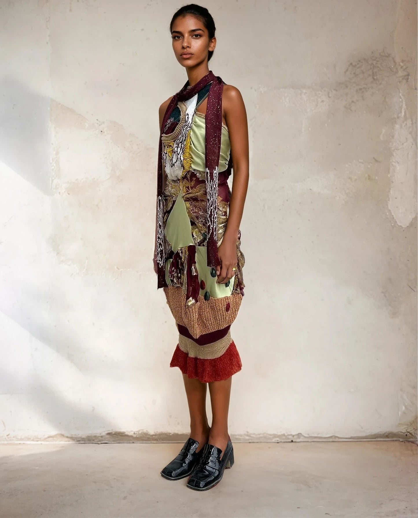 'Last Emperor' - Floral Knitted and silk dress+scarf set