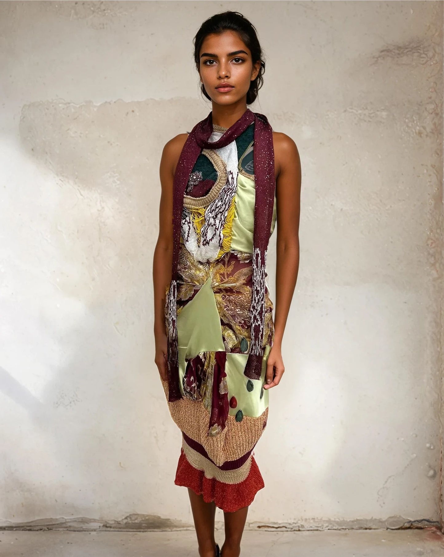 'Last Emperor' - Floral Knitted and silk dress+scarf set