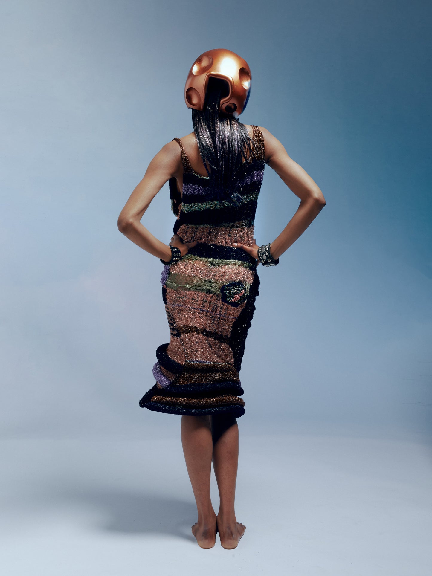 'Space Traveller' - Fully Hand Knitted metallic geometric racer dress