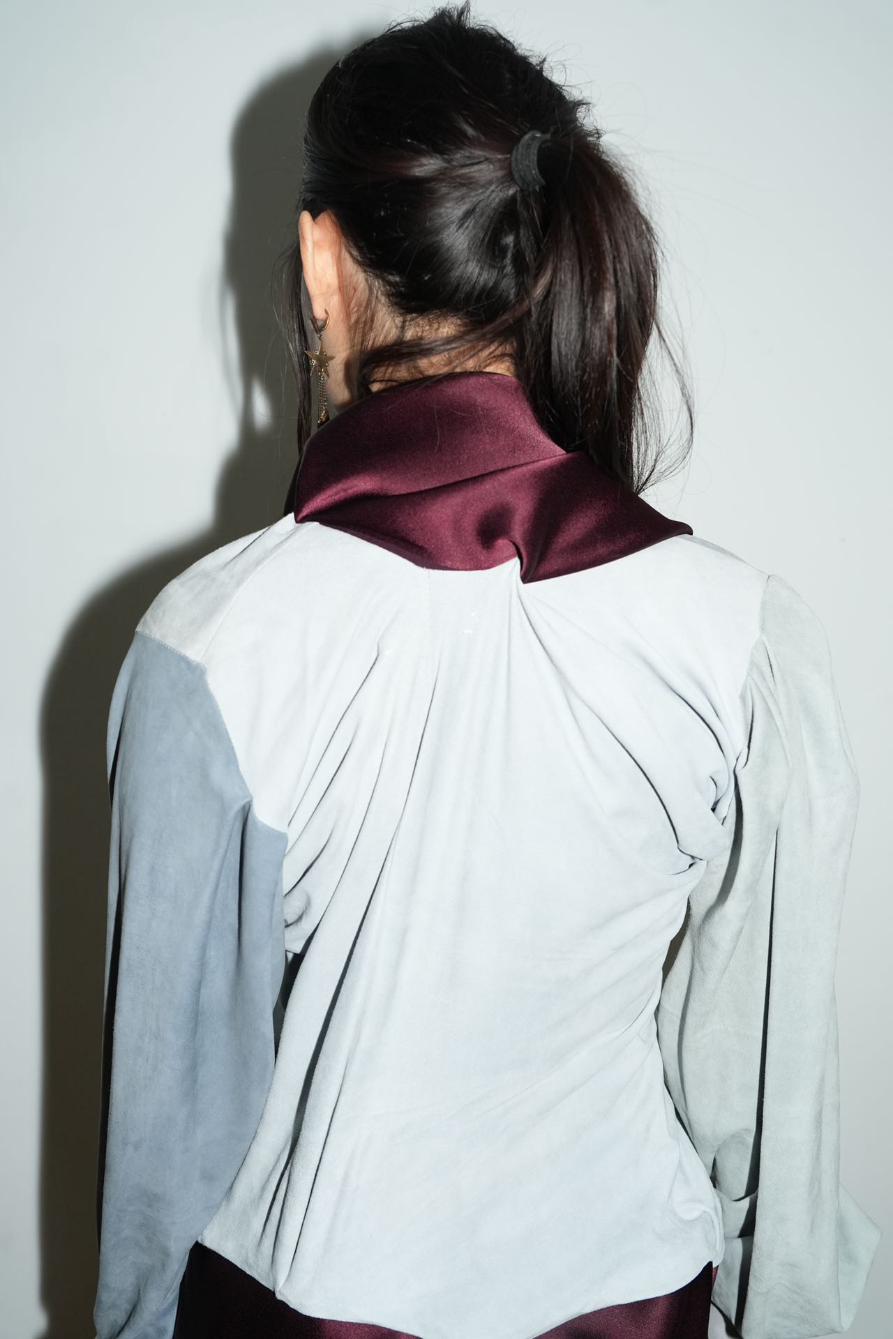 Burgundy Satin & Suede Draped Coat 酒红缎面与麂皮拼接雕褶大衣