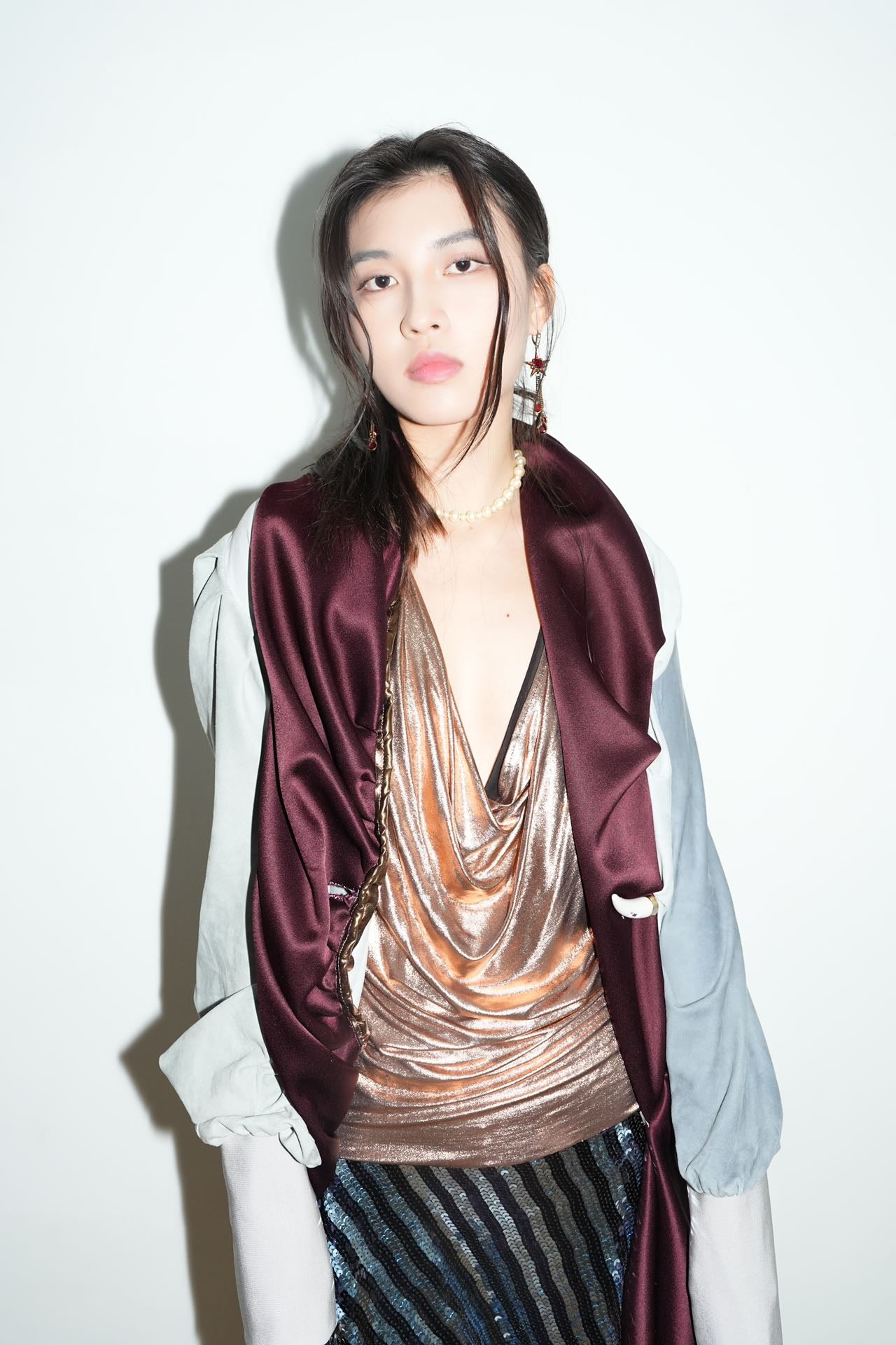 Burgundy Satin & Suede Draped Coat 酒红缎面与麂皮拼接雕褶大衣