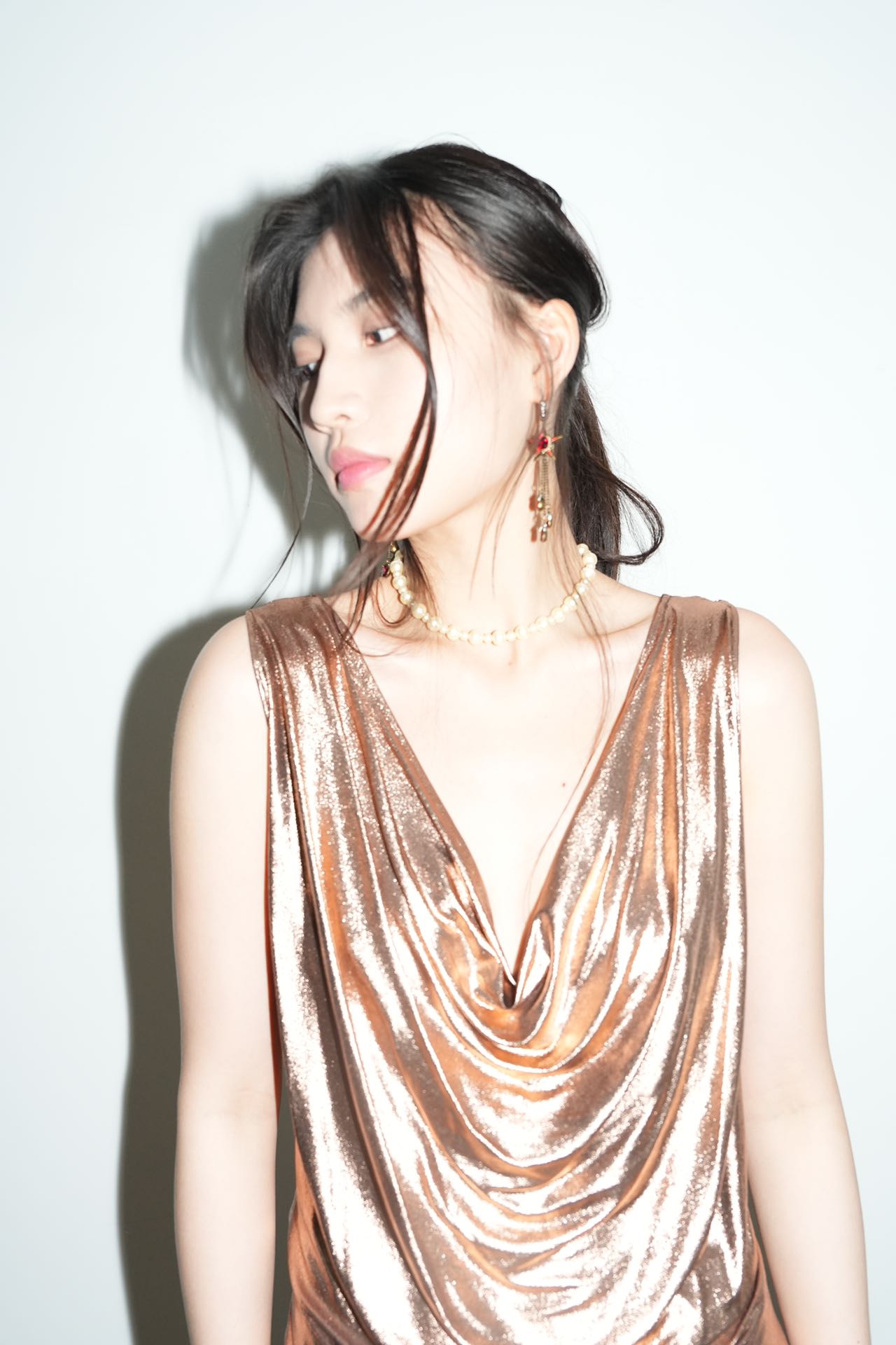 Rose Gold Silk Jersey Draped Top 玫瑰金丝绸垂褶上衣