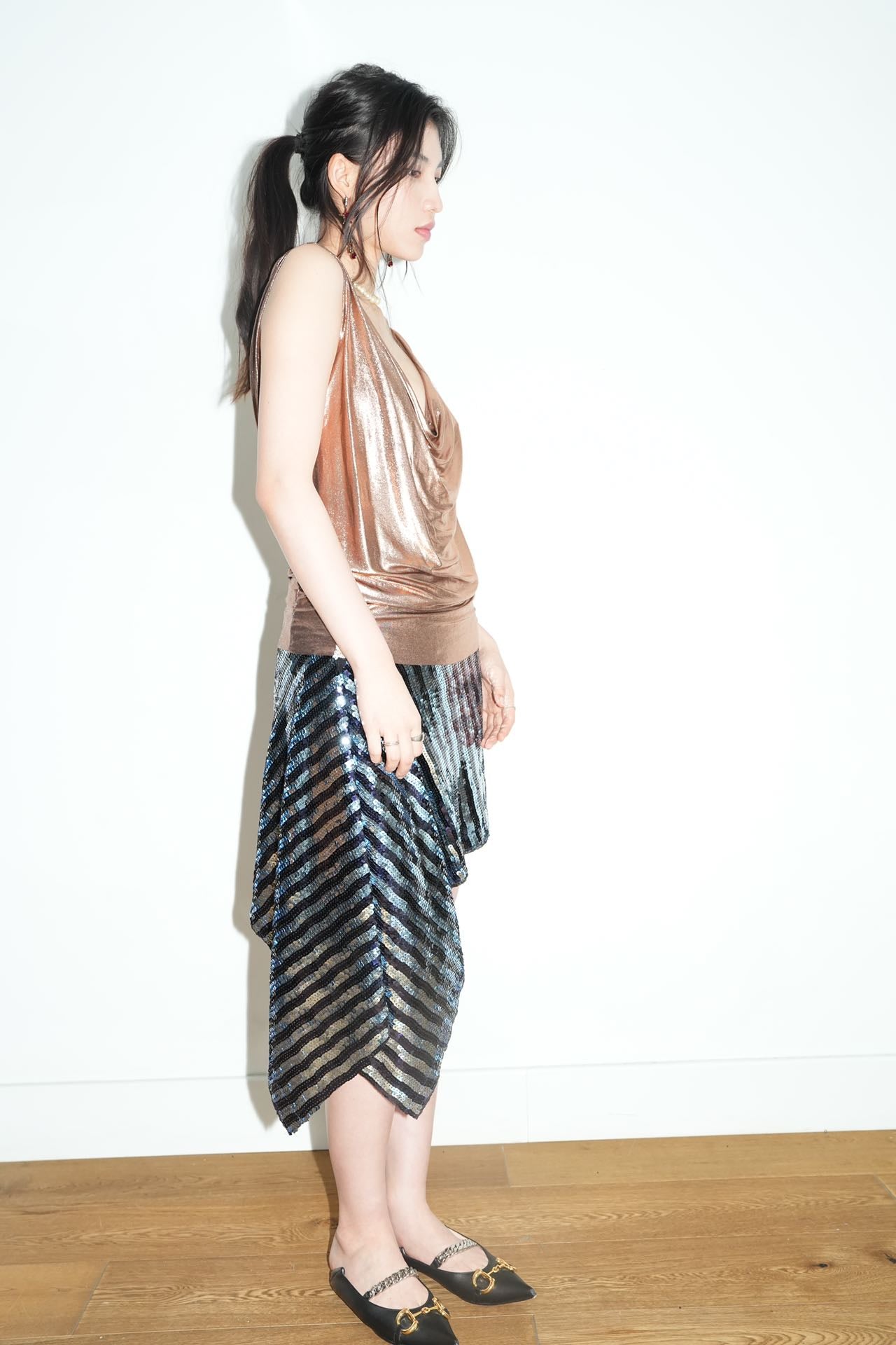 Galactic Blue Sequinned Draped Skirt 星际蓝亮片雕褶垂感短裙