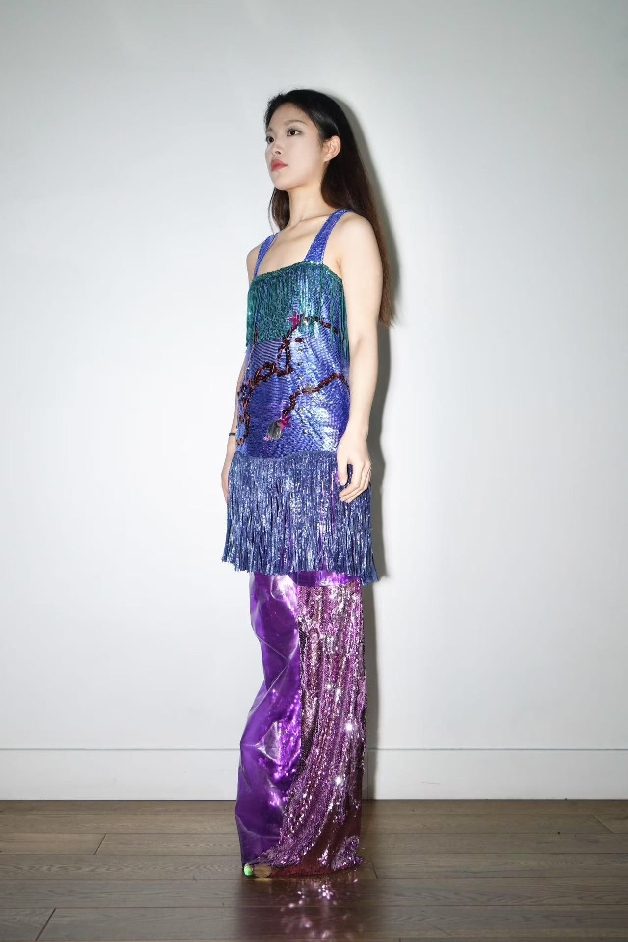 Galactic Blue Chainmail Fringe Party Dress 星际蓝流苏亮片链甲连衣裙