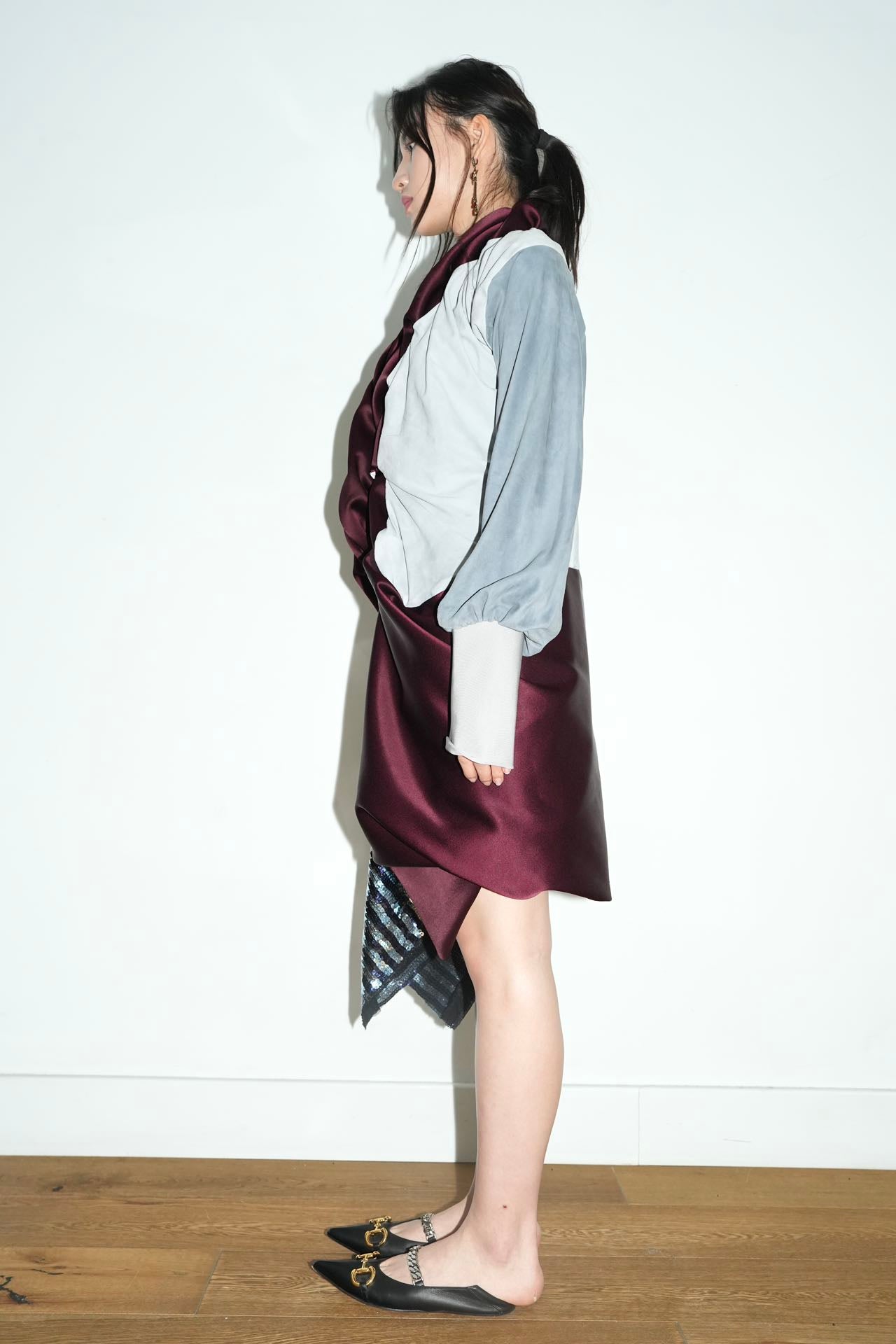 Burgundy Satin & Suede Draped Coat 酒红缎面与麂皮拼接雕褶大衣