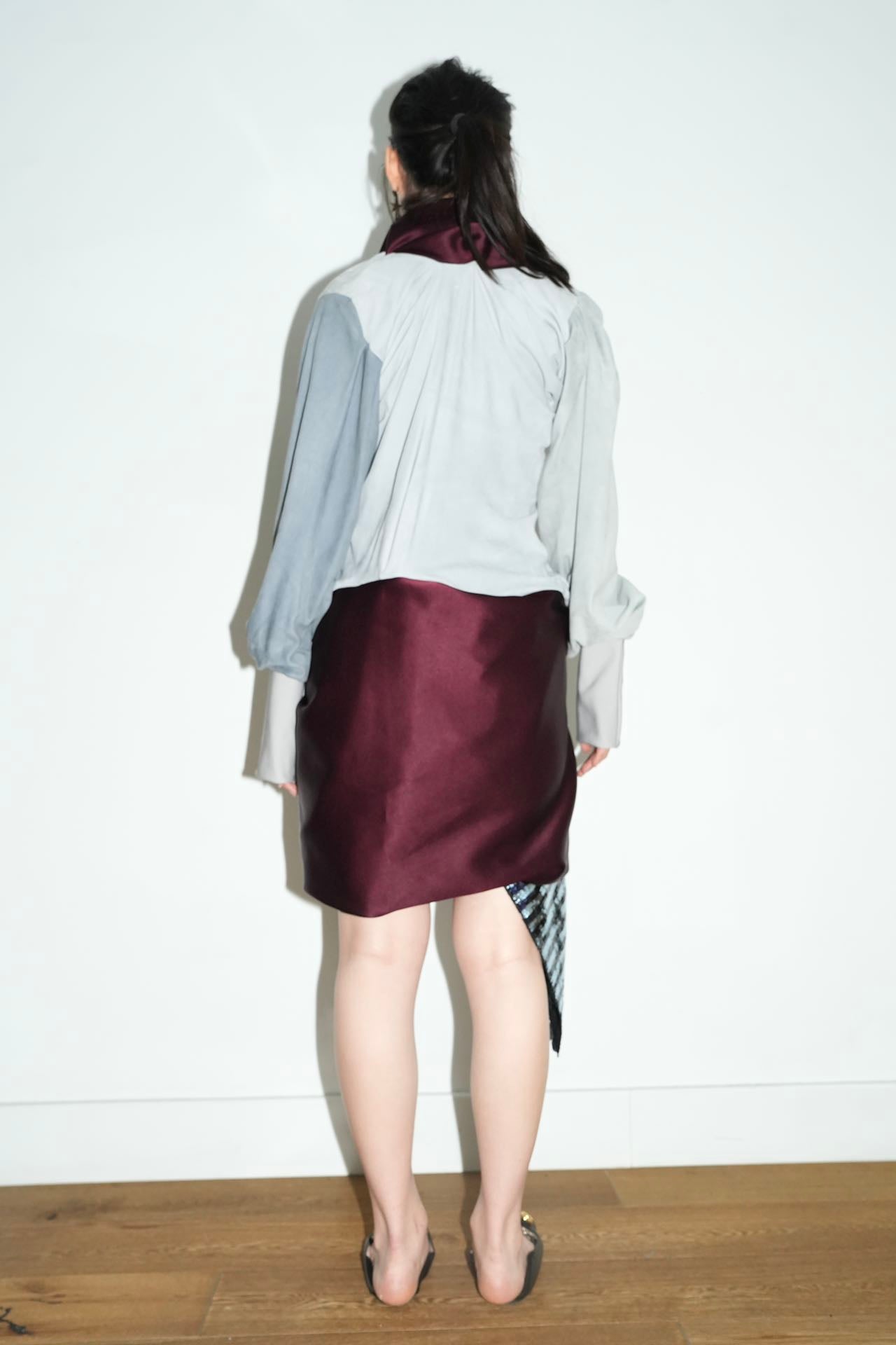 Burgundy Satin & Suede Draped Coat 酒红缎面与麂皮拼接雕褶大衣