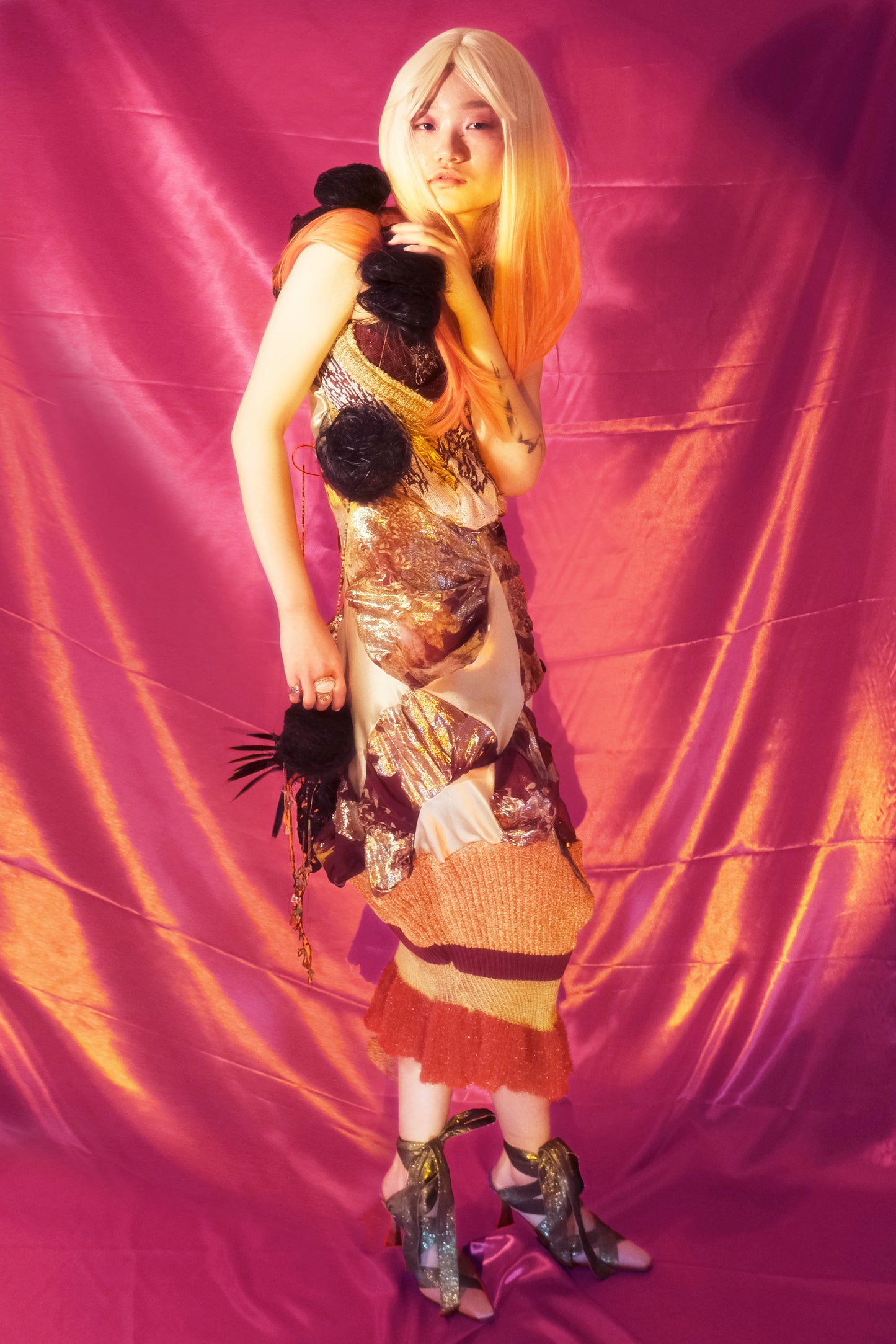 'Last Emperor' - Floral Knitted and silk dress+scarf set