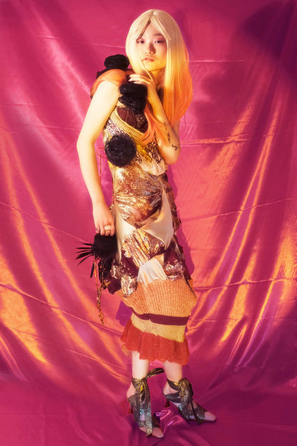 'Last Emperor' - Floral Knitted and silk dress+scarf set