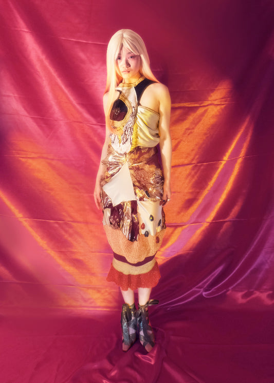 'Last Emperor' - Floral Knitted and silk dress+scarf set