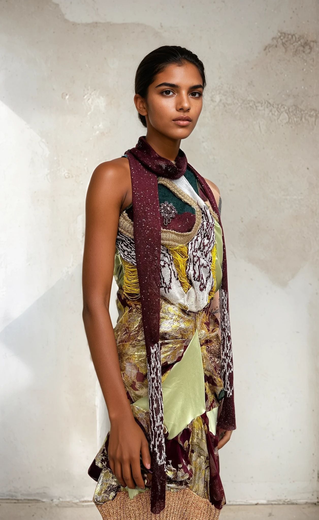 'Last Emperor' - Floral Knitted and silk dress+scarf set