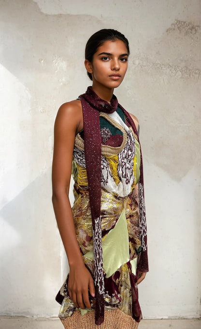 'Last Emperor' - Floral Knitted and silk dress+scarf set