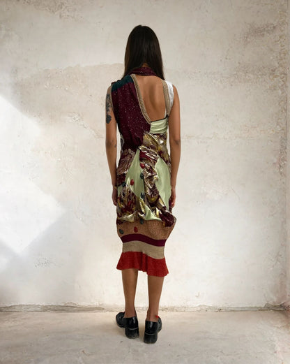 'Last Emperor' - Floral Knitted and silk dress+scarf set