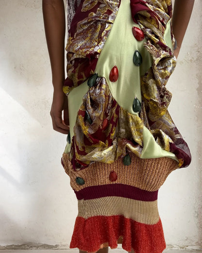 'Last Emperor' - Floral Knitted and silk dress+scarf set