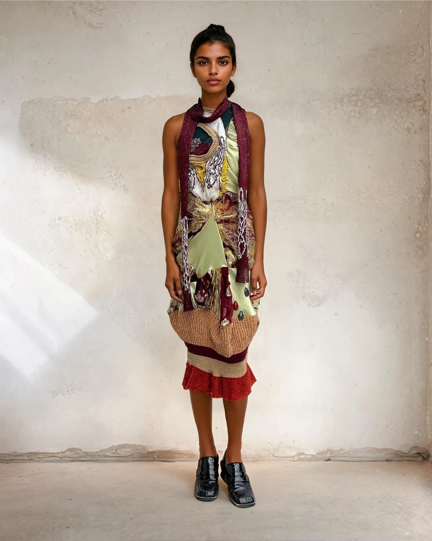 'Last Emperor' - Floral Knitted and silk dress+scarf set