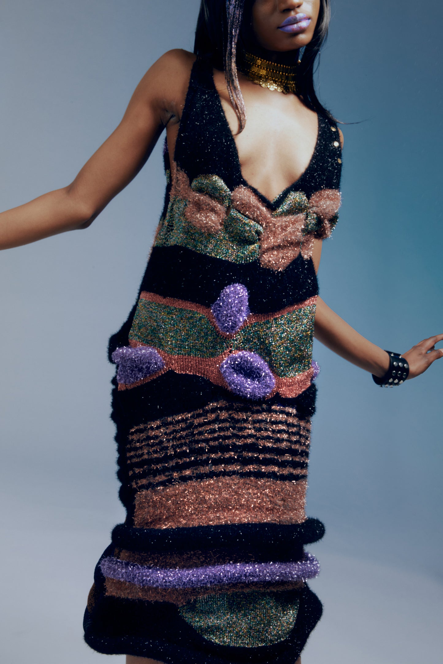 'Space Traveller' - Fully Hand Knitted metallic geometric racer dress