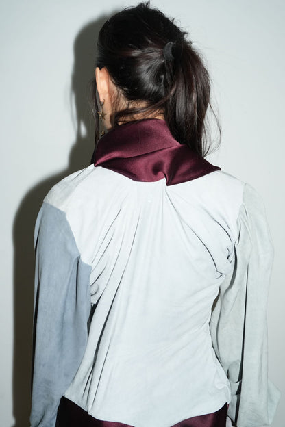 Burgundy Satin & Suede Draped Coat 酒红缎面与麂皮拼接雕褶大衣