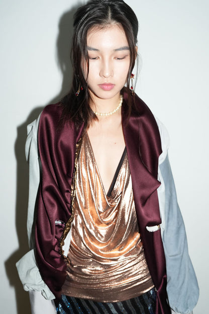 Burgundy Satin & Suede Draped Coat 酒红缎面与麂皮拼接雕褶大衣