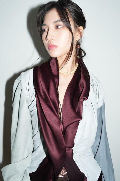 Burgundy Satin & Suede Draped Coat 酒红缎面与麂皮拼接雕褶大衣