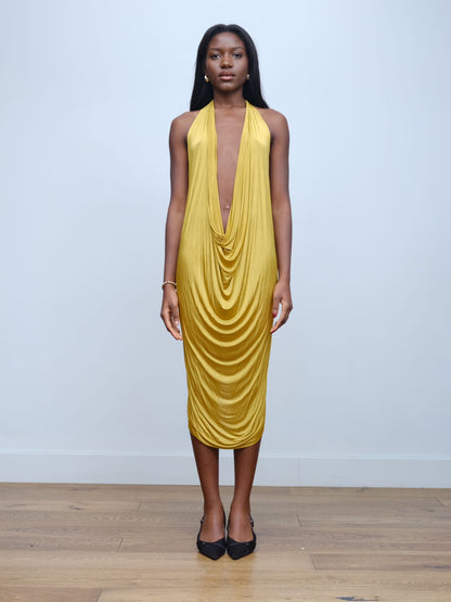 Gold Draped Silk Jersey Dress & Metallic-Edged Hooded Cape Set 金色垂坠丝绸连衣裙＋金属边丝绸兜帽斗篷套装
