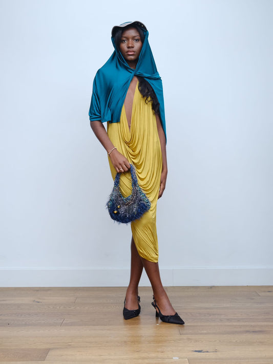 Gold Draped Silk Jersey Dress & Metallic-Edged Hooded Cape Set 金色垂坠丝绸连衣裙＋金属边丝绸兜帽斗篷套装