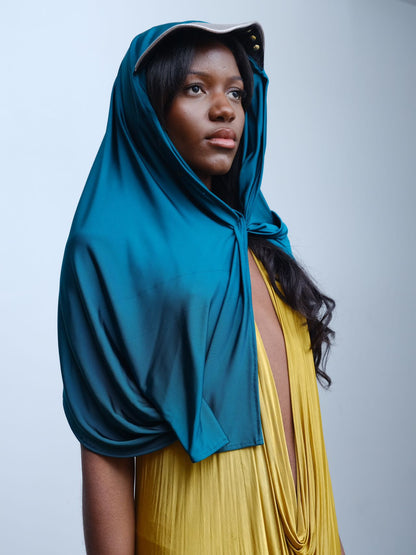 Gold Draped Silk Jersey Dress & Metallic-Edged Hooded Cape Set 金色垂坠丝绸连衣裙＋金属边丝绸兜帽斗篷套装