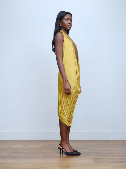 Gold Draped Silk Jersey Dress & Metallic-Edged Hooded Cape Set 金色垂坠丝绸连衣裙＋金属边丝绸兜帽斗篷套装
