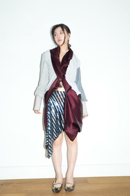 Burgundy Satin & Suede Draped Coat 酒红缎面与麂皮拼接雕褶大衣
