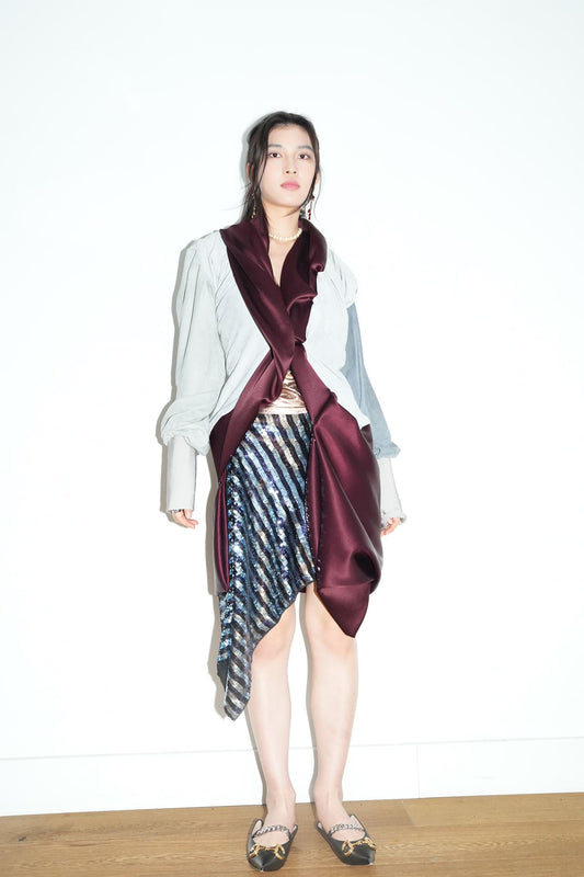 Burgundy Satin & Suede Draped Coat 酒红缎面与麂皮拼接雕褶大衣