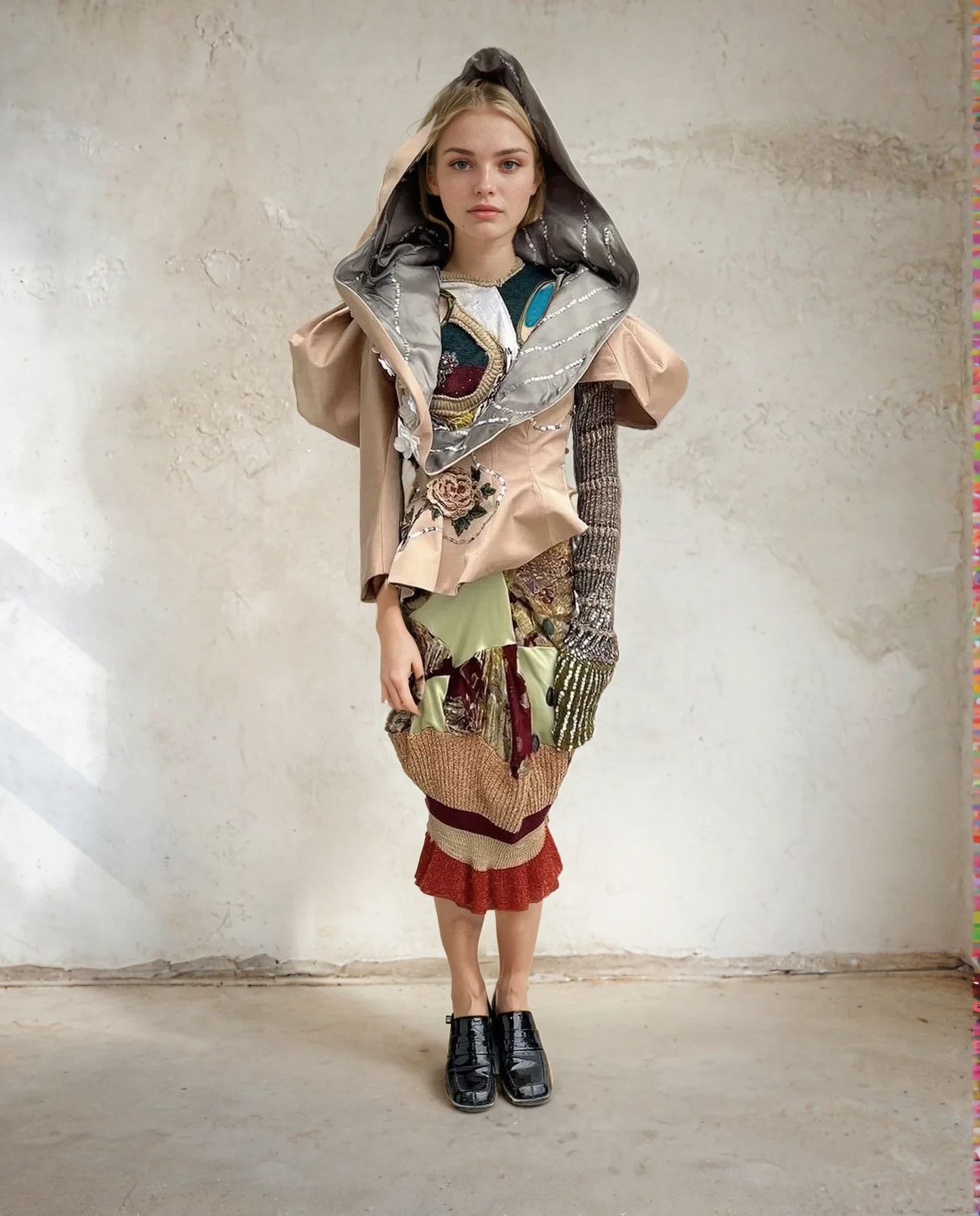 'Last Emperor' Pink Embroidery Floral Tailored Oversized Hood Silk Jacket
