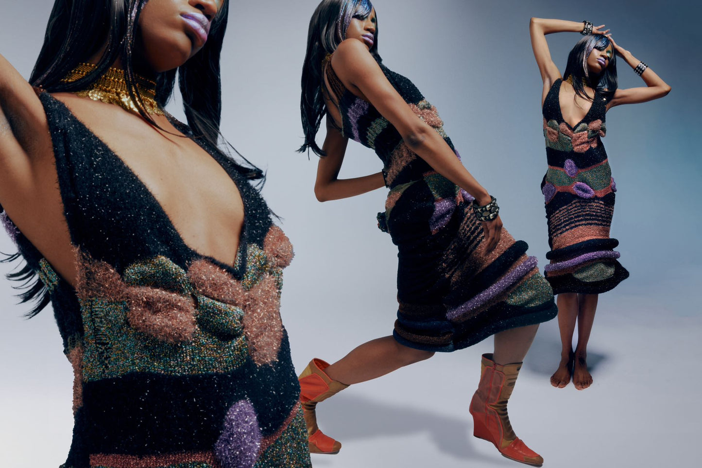 'Space Traveller' - Fully Hand Knitted metallic geometric racer dress