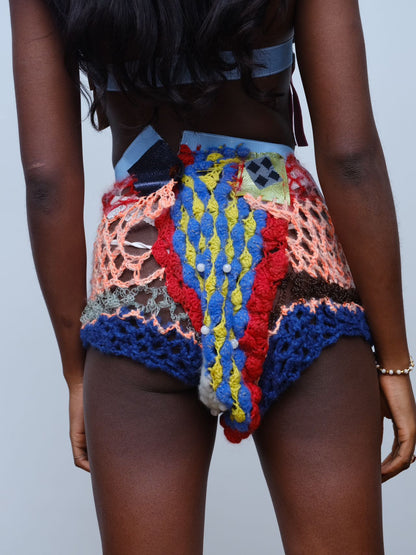 Hand-Crocheted Equestrian Patchwork Shorts 手工钩织拼接马术灵感短裤