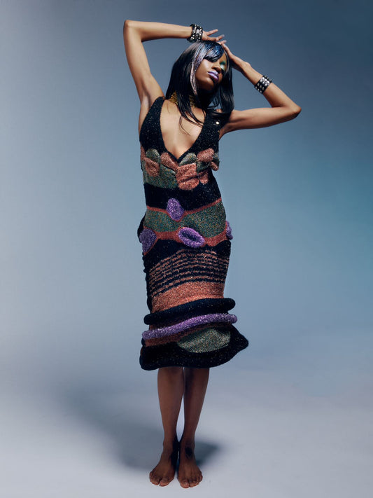 'Space Traveller' - Fully Hand Knitted metallic geometric racer dress
