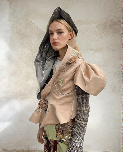 'Last Emperor' Pink Embroidery Floral Tailored Oversized Hood Silk Jacket