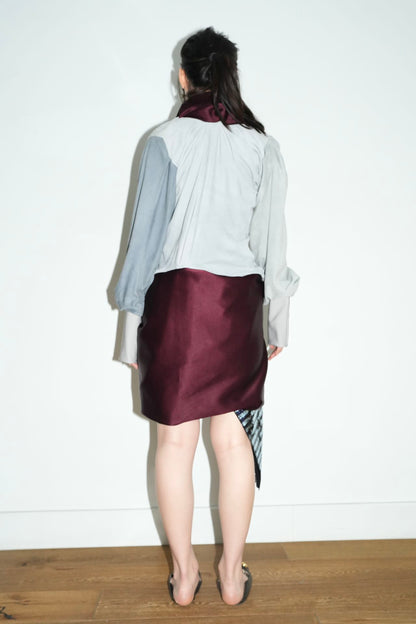 Burgundy Satin & Suede Draped Coat 酒红缎面与麂皮拼接雕褶大衣