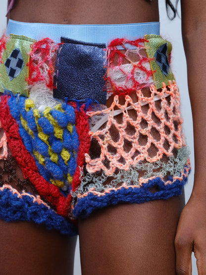 Hand-Crocheted Equestrian Patchwork Shorts 手工钩织拼接马术灵感短裤
