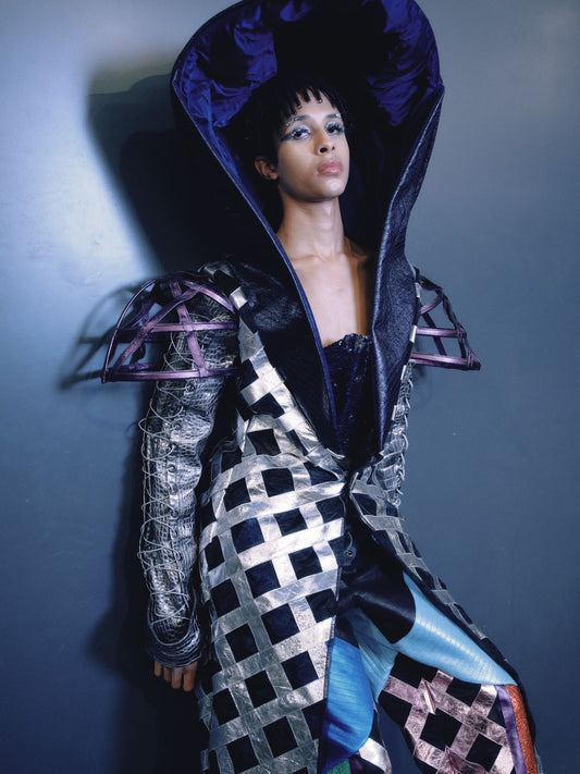 Metallic Silver Chrome Leather Stripes Tailored Galaxy Knight Oversized Hood Coat
