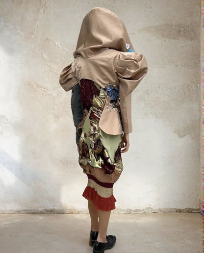 'Last Emperor' Pink Embroidery Floral Tailored Oversized Hood Silk Jacket